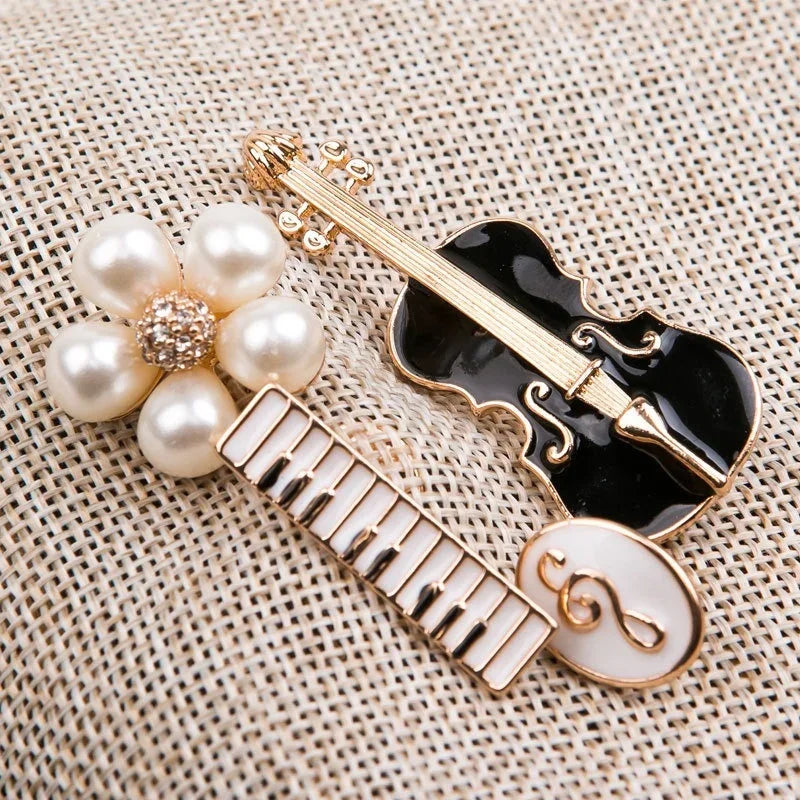 Music Notation Enamel Brooch - Violin Guitar Piano Beaded Flower Pin
