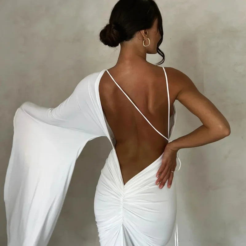 Women's Draped Deep V Backless Maxi One Shoulder Gown Slip Dress