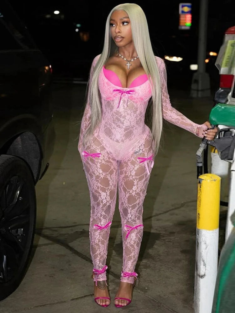 Women's See Through Mesh Jumpsuit Bow Splice Long Sleeve Bodycon One Piece