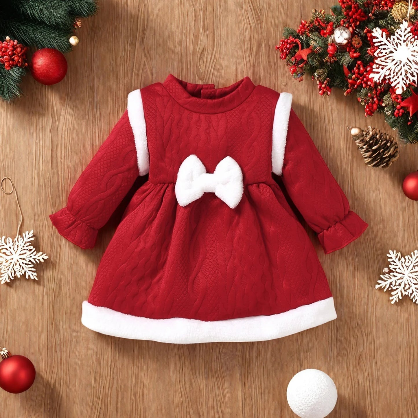Baby Girls Christmas Dress - Long Sleeve Bow Patchwork Winter Party Dress