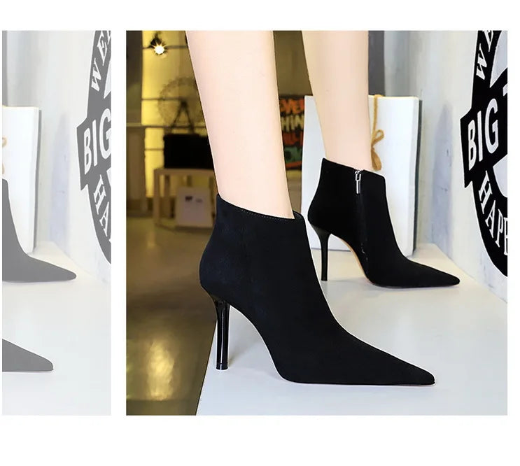 Black Suede Ankle Boots - Pointed Toe Stiletto Heels with Side Zipper