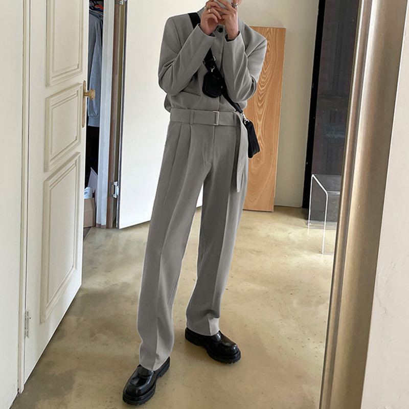 Men's Lapel Long Sleeve Pockets Jumpsuit With Belt S-5XL