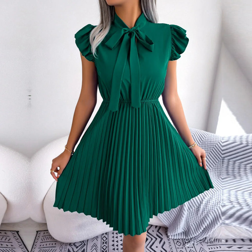 Women's Spring Summer Elegant Lace Up High Waist Large Fold Bow Collar Pleated Dress