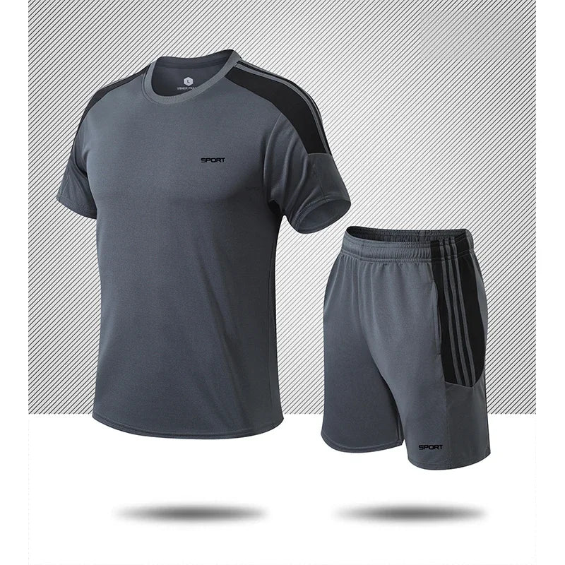 Men's Gym Suit Running Dry Fit Sports Jersey Basketball Breathable Short Sleeve Outdoor Football 2pcs Set