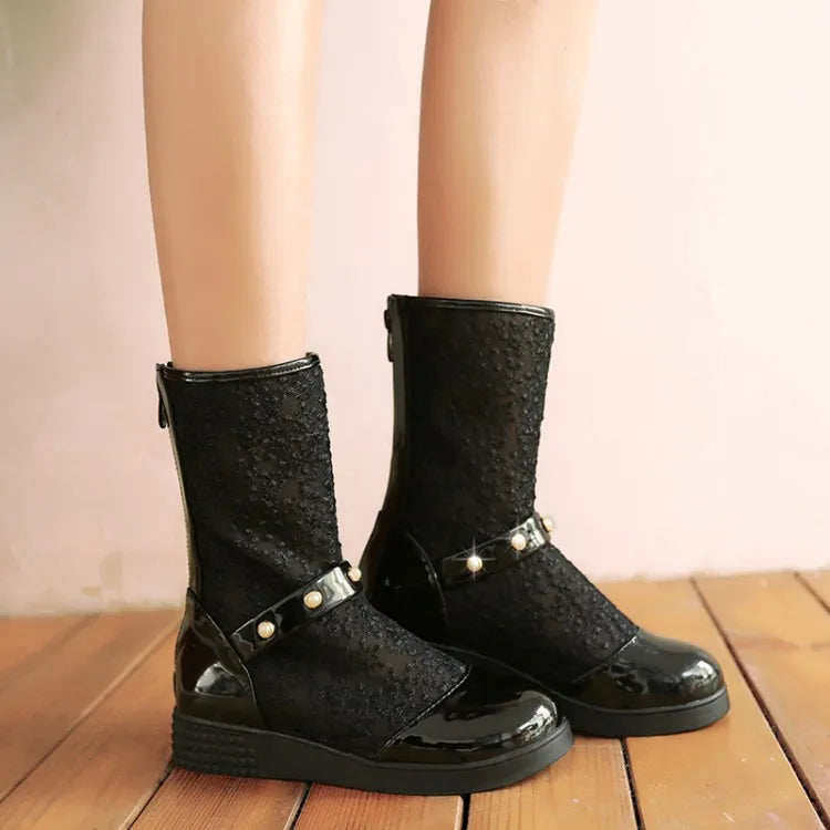 Women's Leather Splicing Mesh Pearl Metal Decoration Zipper Ankle Boots