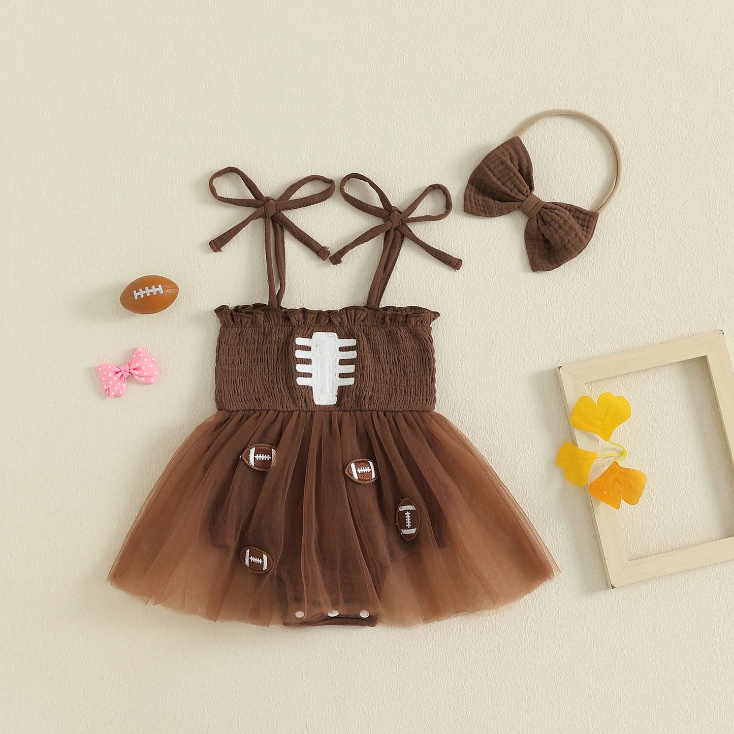 Baby Girls Football Embroidered Romper Dress with Bow Headband (0-18M)
