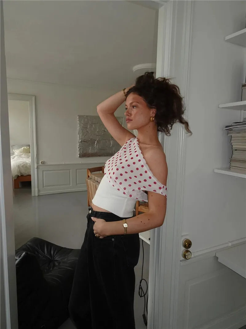 Women's Backless Polka Dot Crop Top Summer New Oblique Shoulder Sleeveless Tank Top