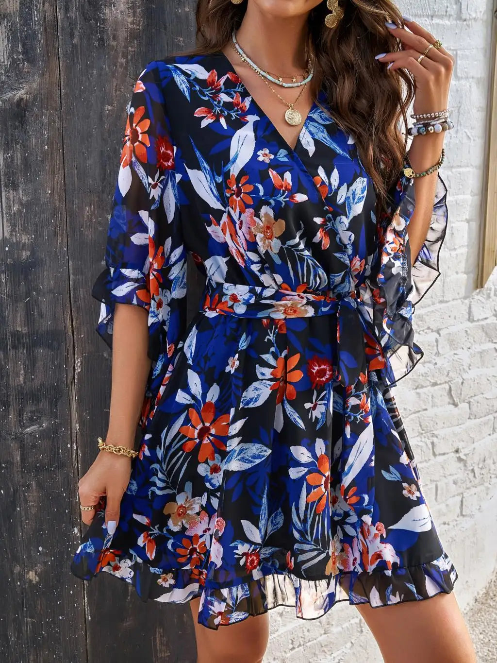 Women's Autumn Winter Half Sleeve Flower Print Elegant V-neck Casual A-Line Knee-Length High Waist Dress