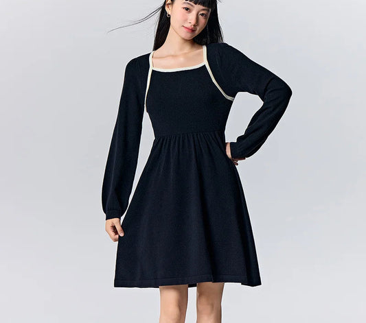 Women's Color Block Knit Dress - Square Neck French Style Slim Fit Winter 2025