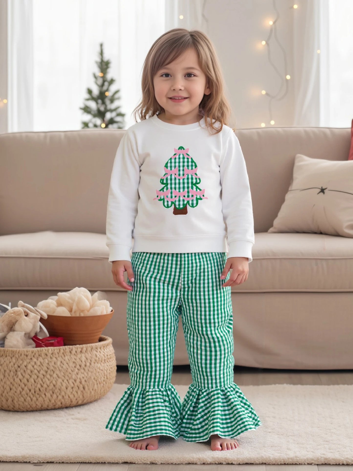 Baby Girls Christmas Tree Embroidered Sweatshirt & Plaid Bell Bottoms Set (0-4Y)