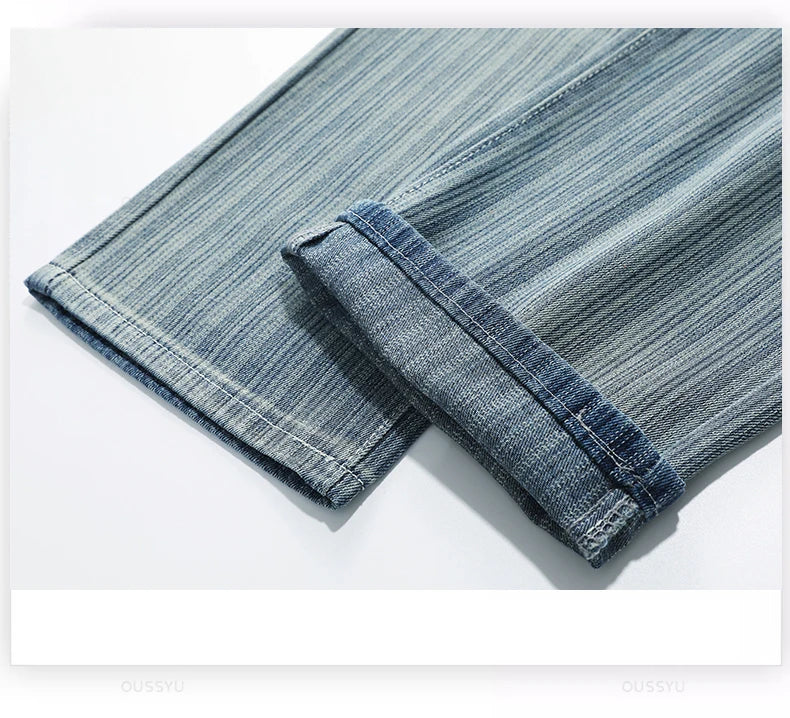 Men's Cotton Striped Straight Leg Jeans | Zipper Fly | Moustache Effect Wash | Midweight | Spring Summer | High Street
