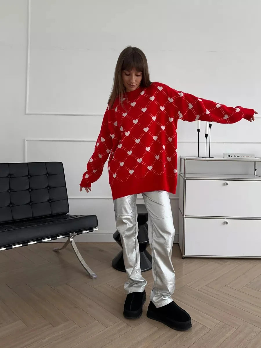 Women's Love Heart Printed Round-neck Pullover Sweater