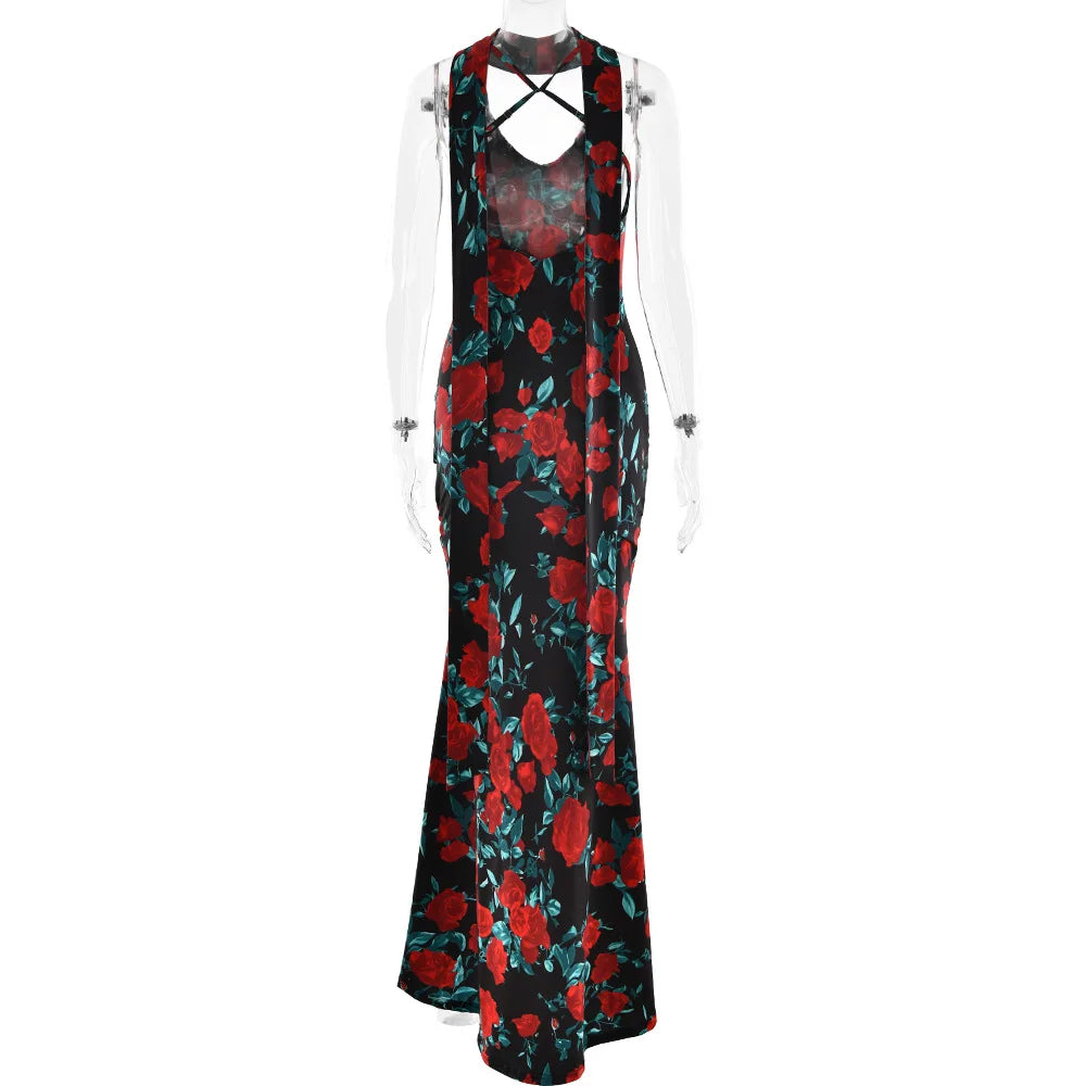 Women's Floral Print V Neck Scarf Draped Maxi Summer Backless Outfit Party Dress