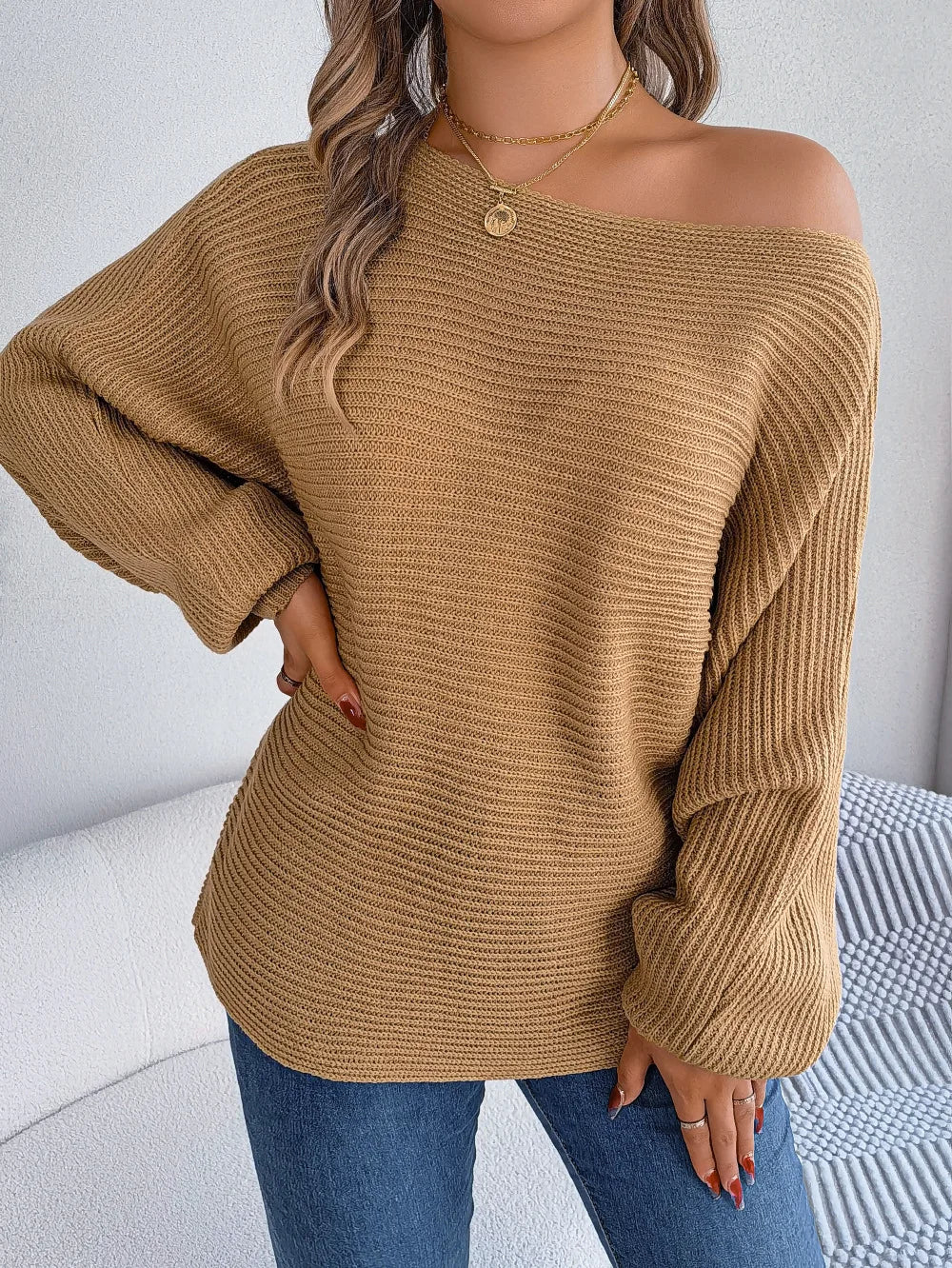 Women's Off the Shoulder Bat Sleeve Jumper - Stylish Winter Sweater