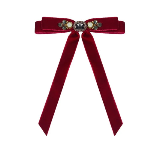 Retro Velvet Bow Brooch - Rhinestone Fabric Lapel Pin