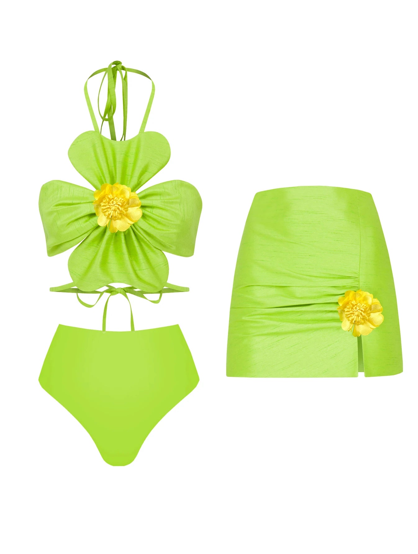 Women's Two-piece Skirt Suit 3D Flower Top Skirt Sleeveless Waist Chic Slit Summer Mini Skirt