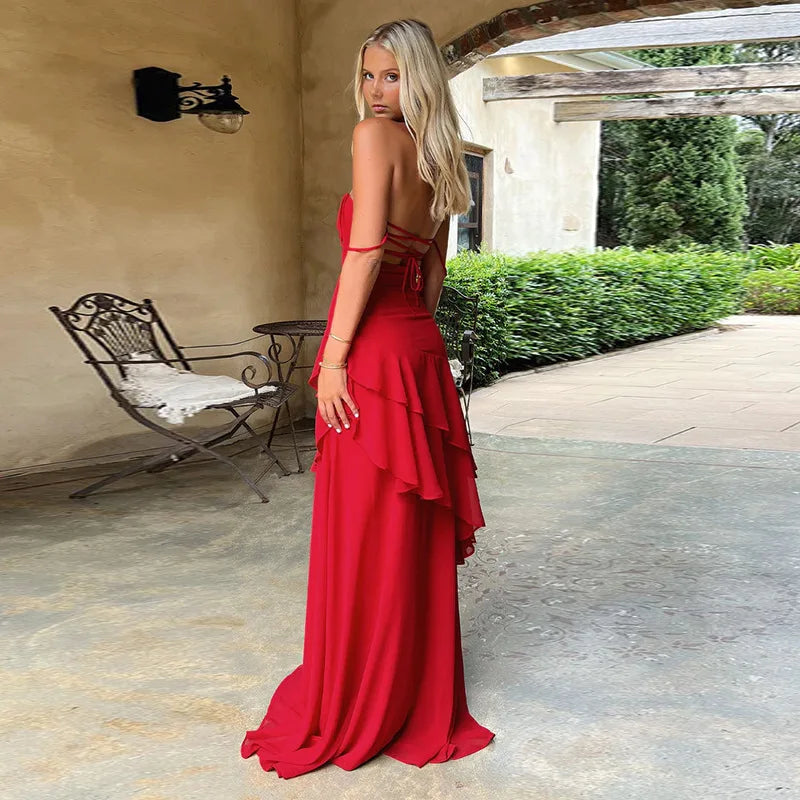 Women's Red Ruffled Slip Maxi Dress - Backless Summer Vacation Dress