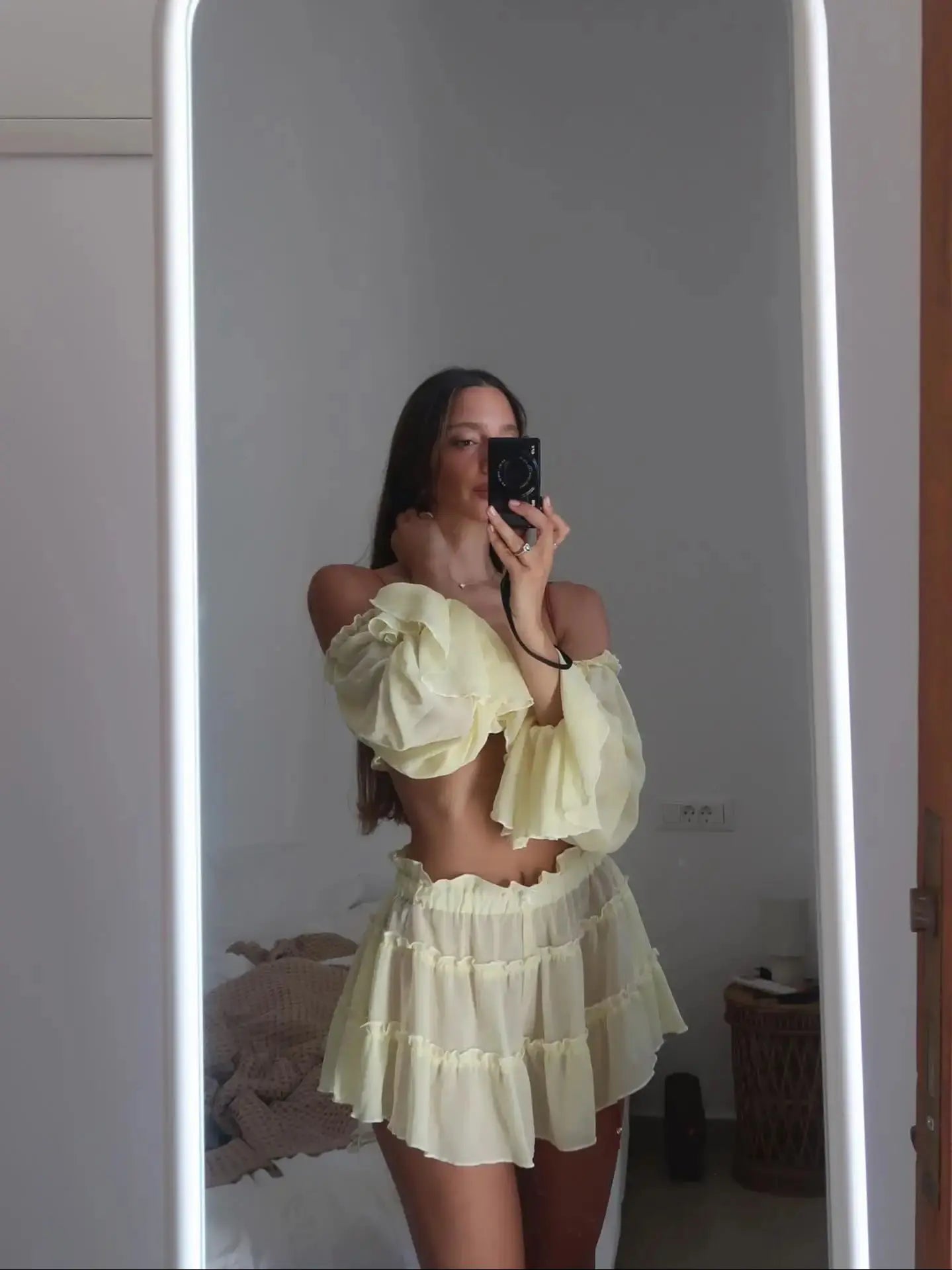 Women's Ruffle Beach Cover Up Dress - Long Sleeve High Waist Bandage Beachwear