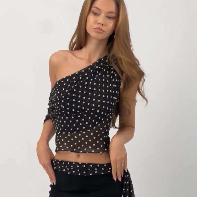 Women's Chiffon Polka Dot Summer Outfit Cropped Asymmetrical Basic Top