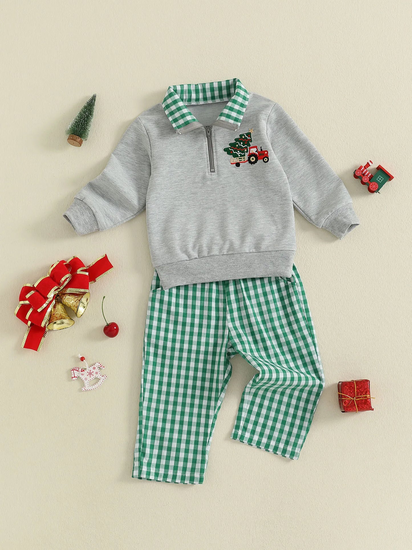 Baby Boys Christmas Clothes Set - Xmas Tree Embroidery Zip Pullover & Plaid Pants