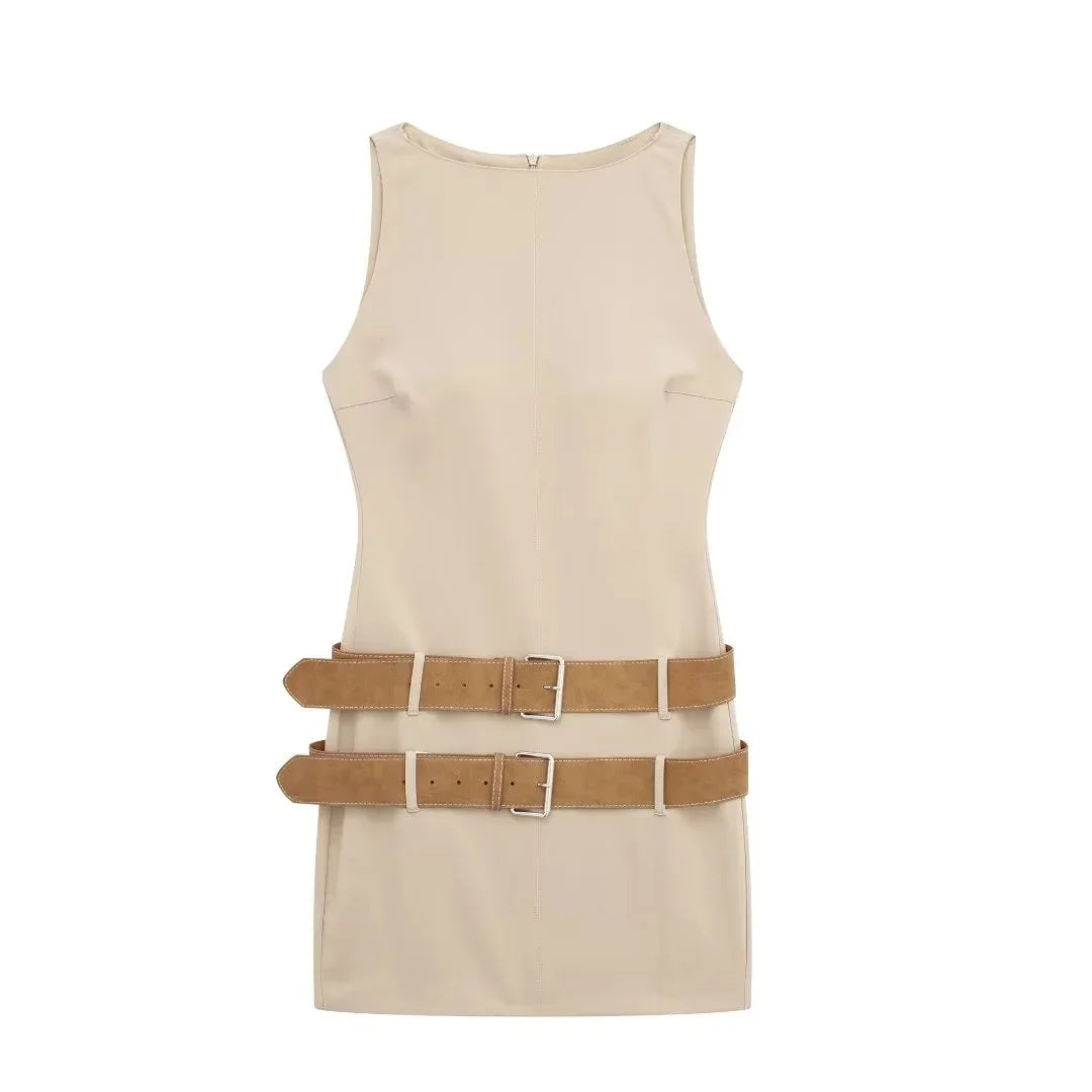 Women's Summer Round Neck Double belt Solid Hollow Out Elegant Button Mini Dress