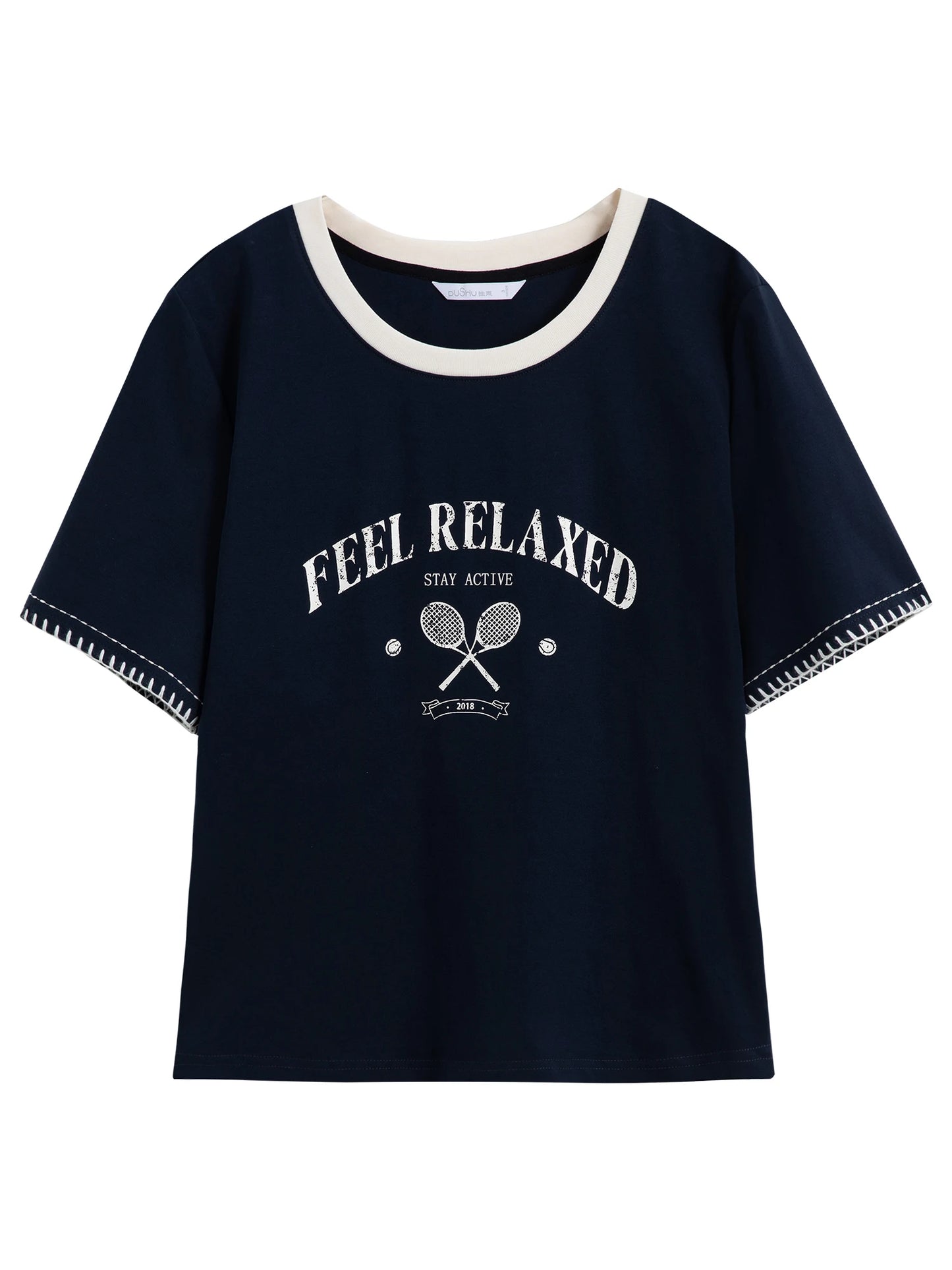 Women's Vintage Contrast-Stitch Round Neck Tee - Relaxed Fit Cotton Blend Summer Top