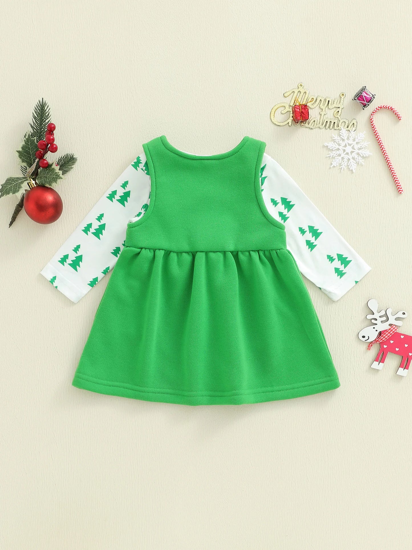 Baby Girls Christmas Clothes Set - Xmas Tree Print Long Sleeve Romper & Letter Embroidery Sleeveless Dress