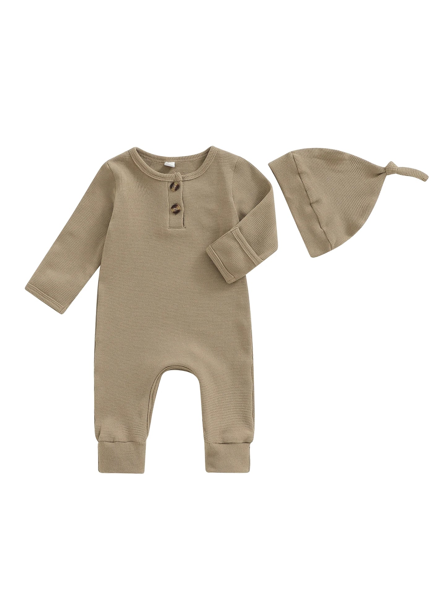 Newborn Baby Fall Winter Romper - Long Sleeve Solid Jumpsuit with Hat (0-6M)