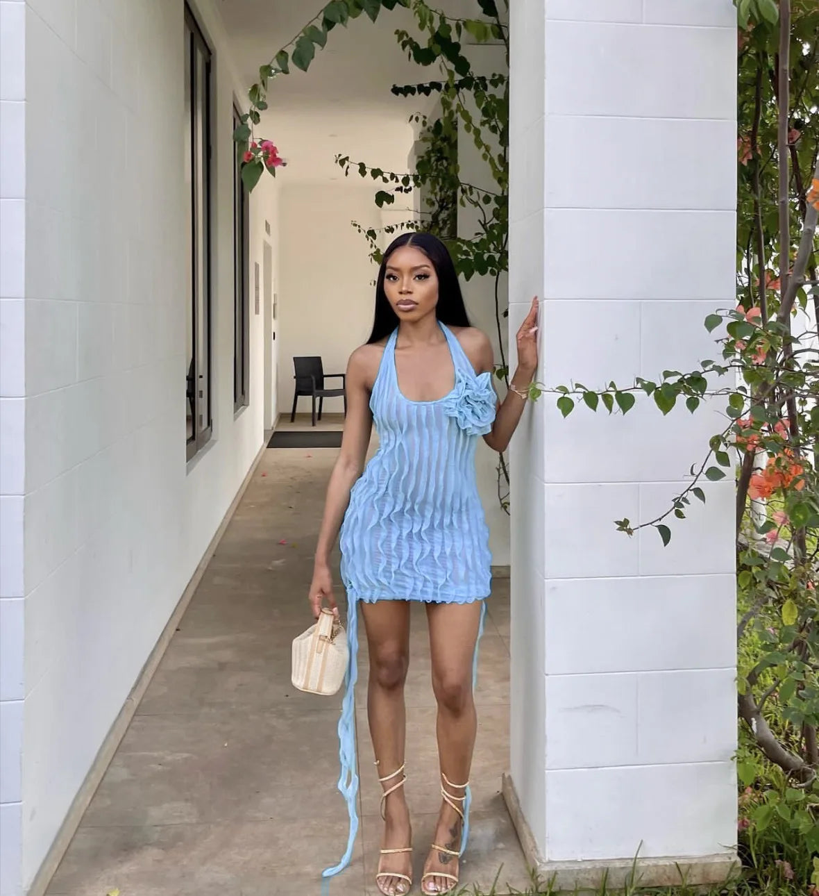 Women's Halter Pleated Flower Mesh See Through Beach Mini Ruched Dress