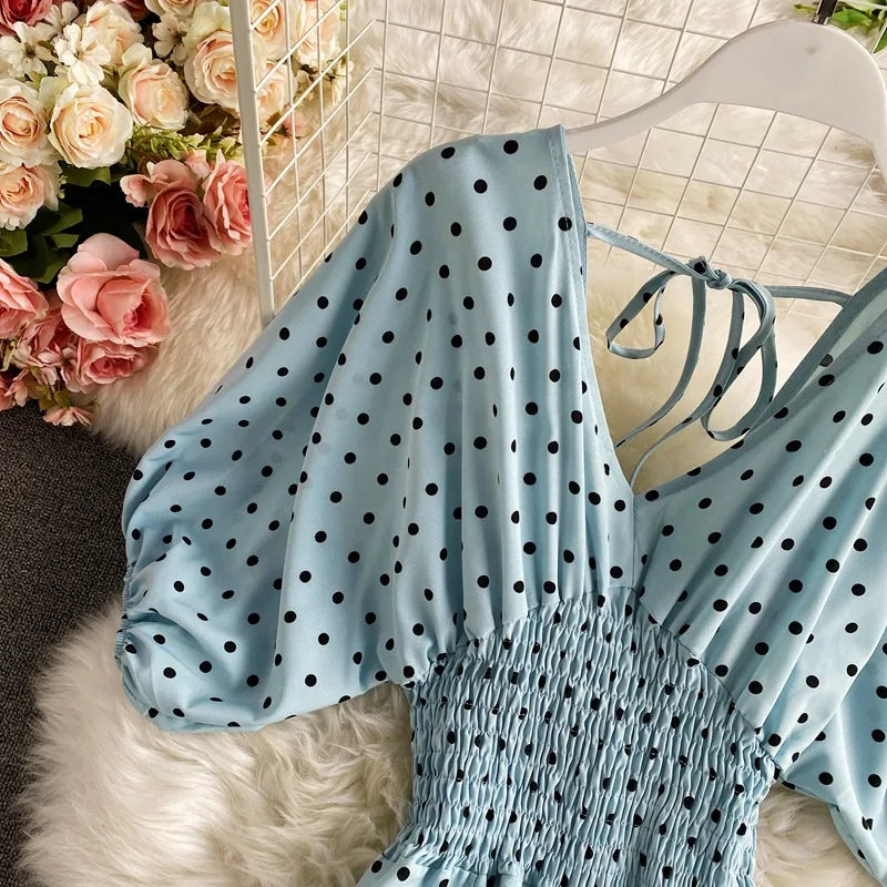 Women's V-Neck Polka Dot Jumpsuit - Wide Leg Trousers with Dolman Sleeves