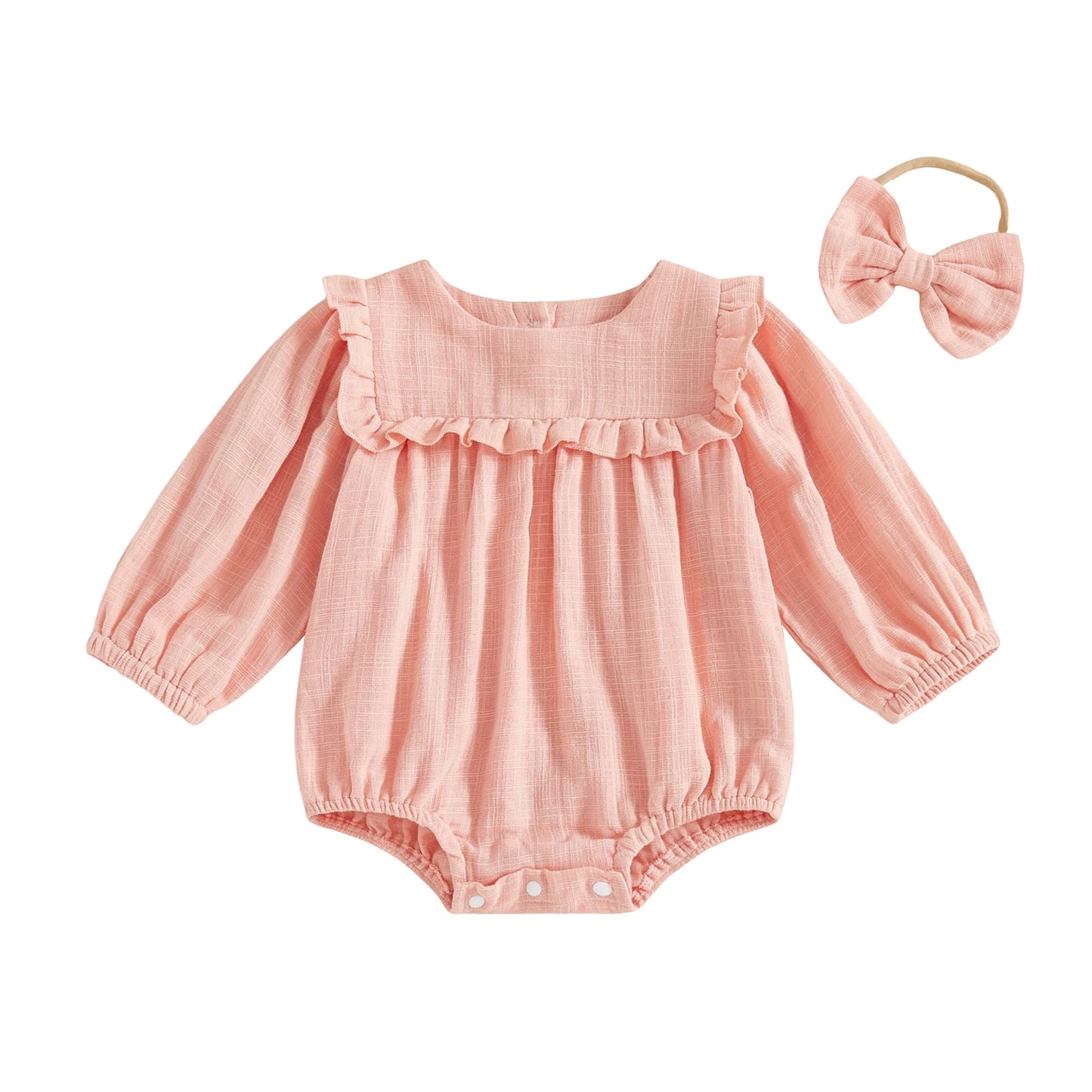 Baby Girls Fall Romper - Solid Color Long Sleeve Round Neck Ruffled Jumpsuit with Bow Headband