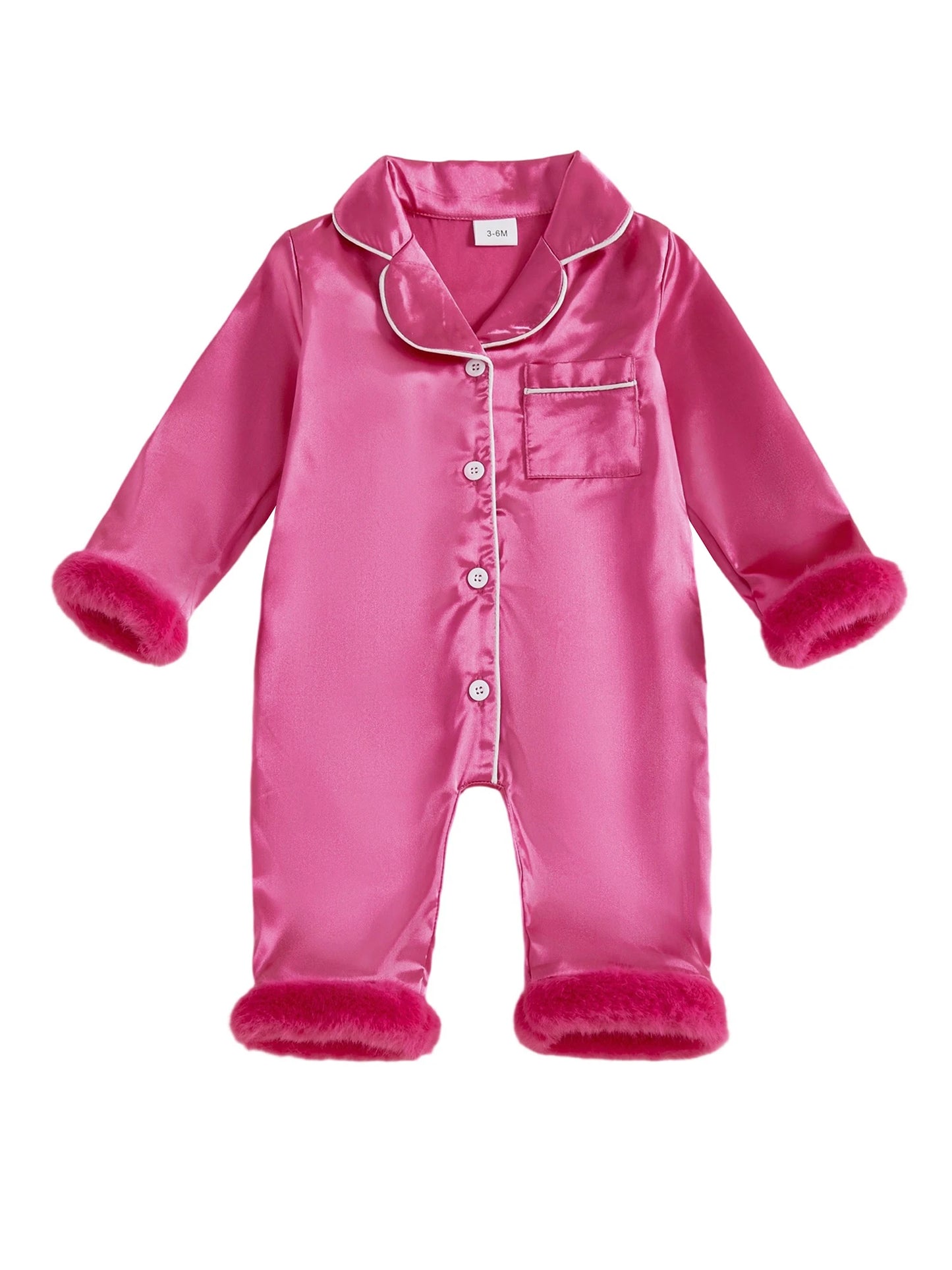 Baby Satin Pajama Romper - Fur Trim Button Down with Lapel