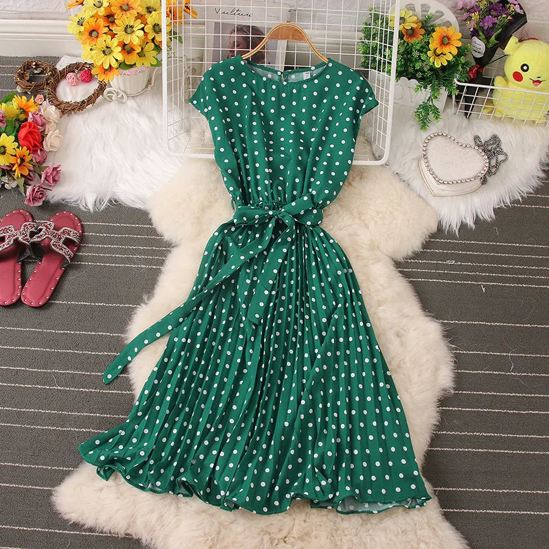 Women's Dot Print Chic Summer High Waist Knee Length Bandage Medium Long Dress
