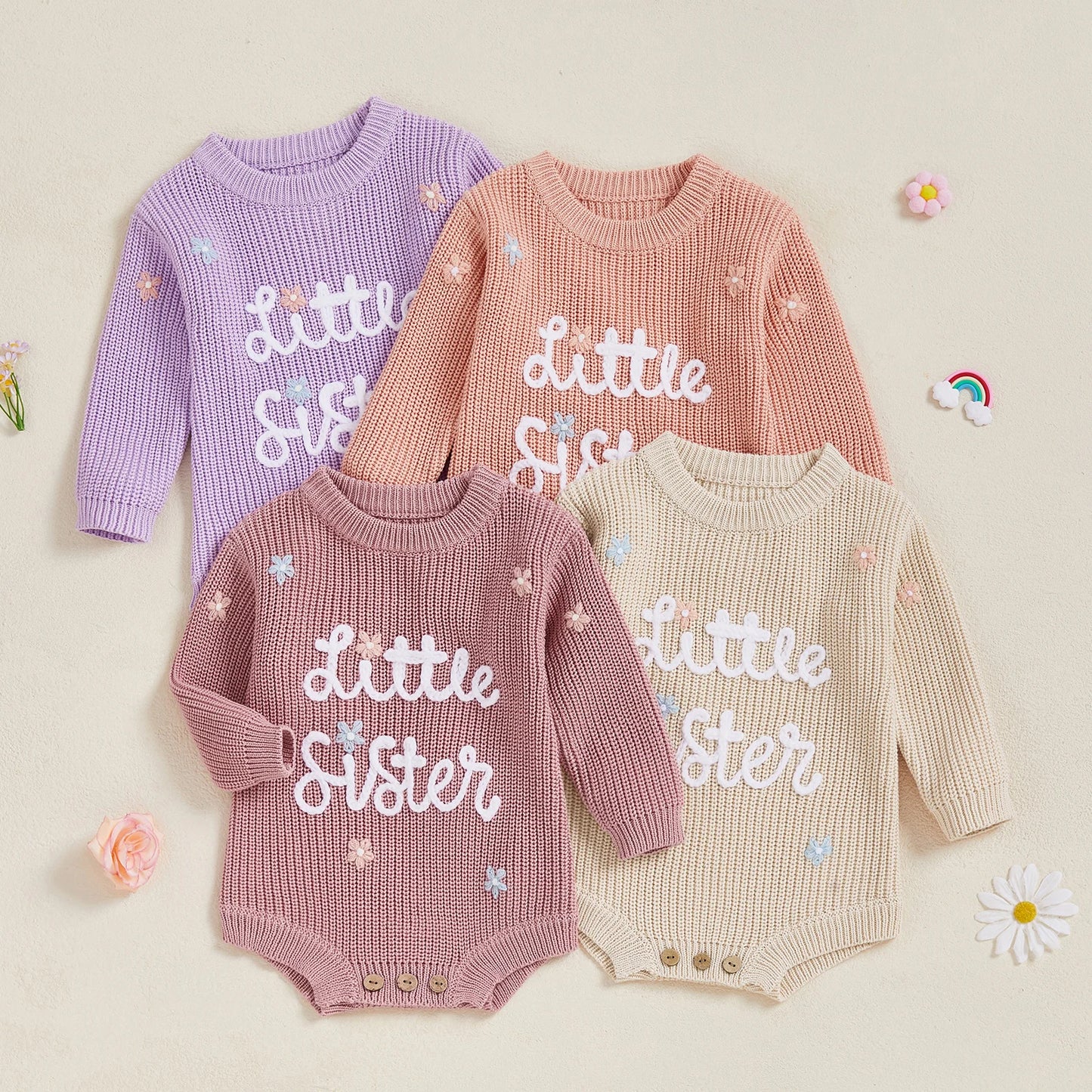 Newborn Baby Sweater Romper - Letter Floral Embroidery Round Neck Knit Jumpsuit