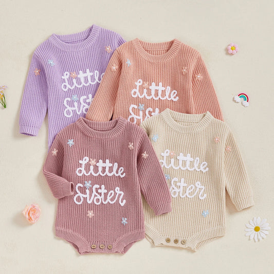Newborn Baby Sweater Romper - Letter Floral Embroidery Round Neck Knit Jumpsuit