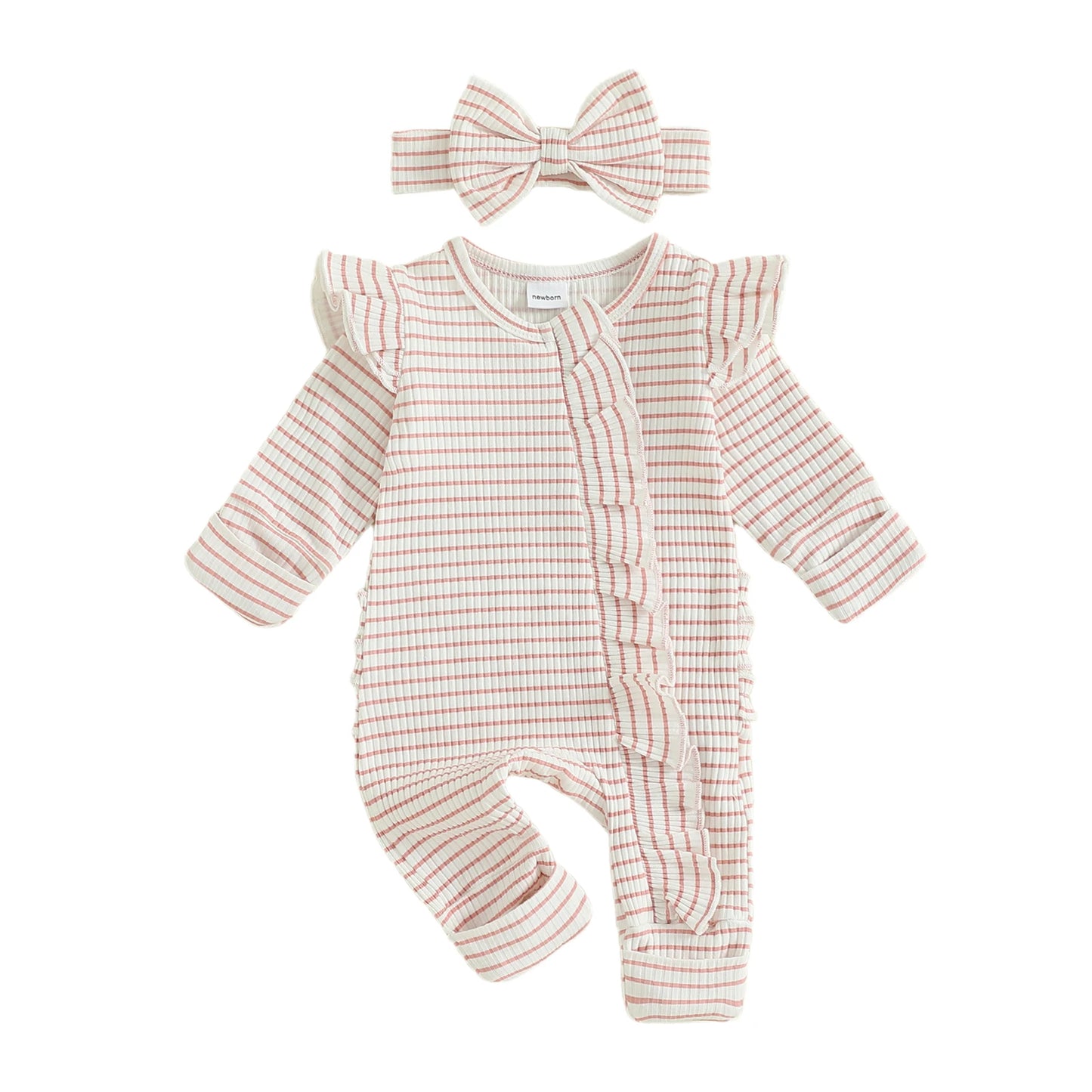 Newborn Baby 2-Piece Romper Outfit Set - Striped Jumpsuit with Headband