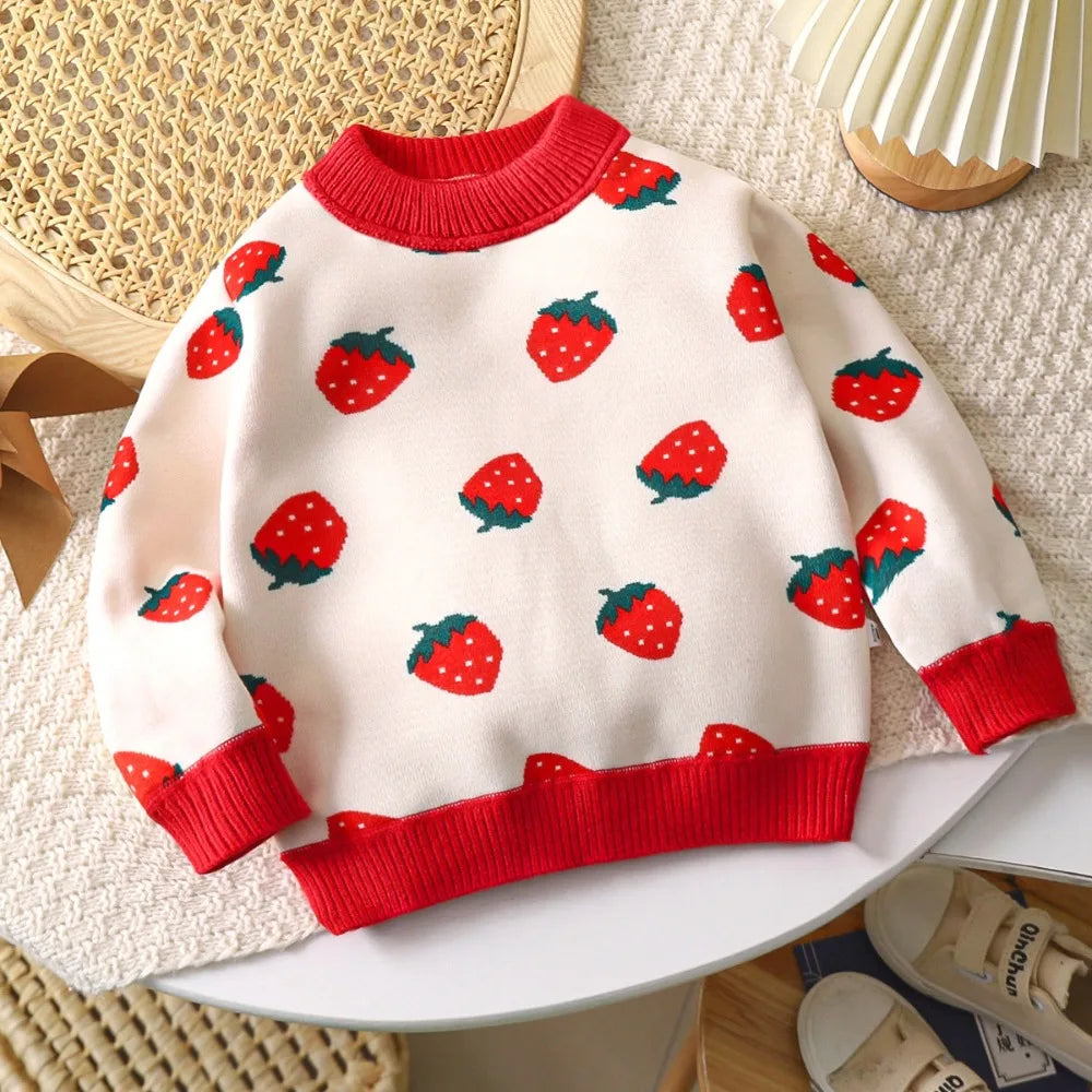 Girl's Cartoon Strawberry Printed Sweater Long Sleeved Round Neck Top 2-7 Yrs old