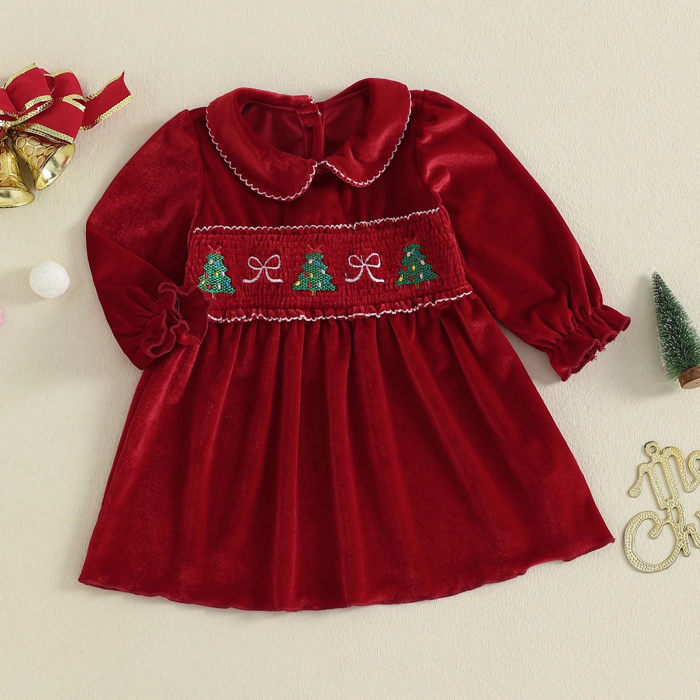 Lovely Kids Girls Christmas Velvet Dress - Xmas Tree Embroidery Doll Collar A-Line (0-4Y)