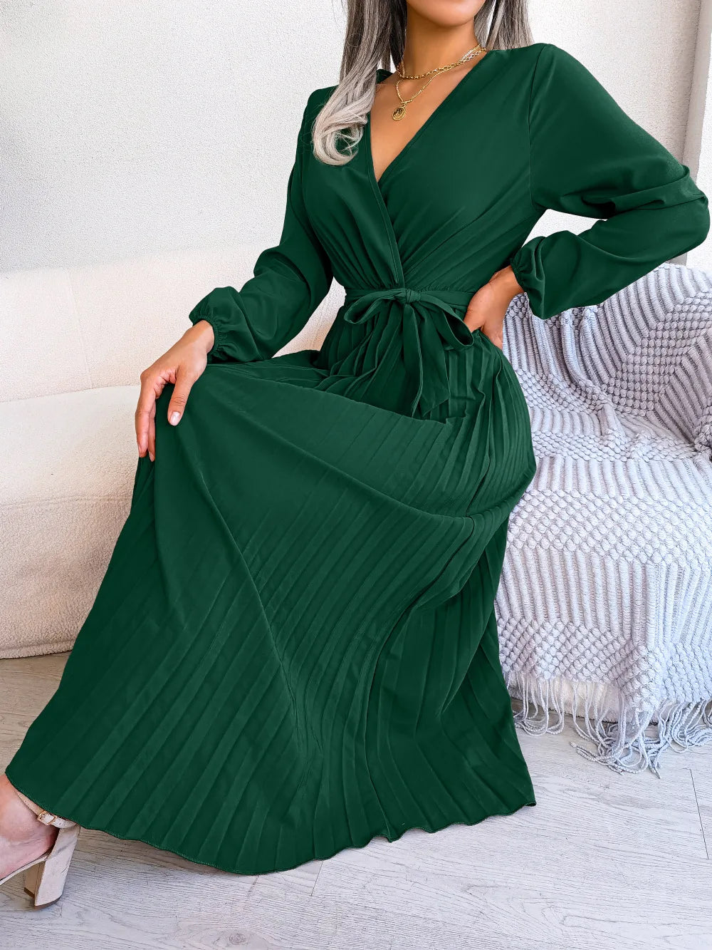 Women's Spring Summer Cross V Neck Large Hem Pleated Long Dress