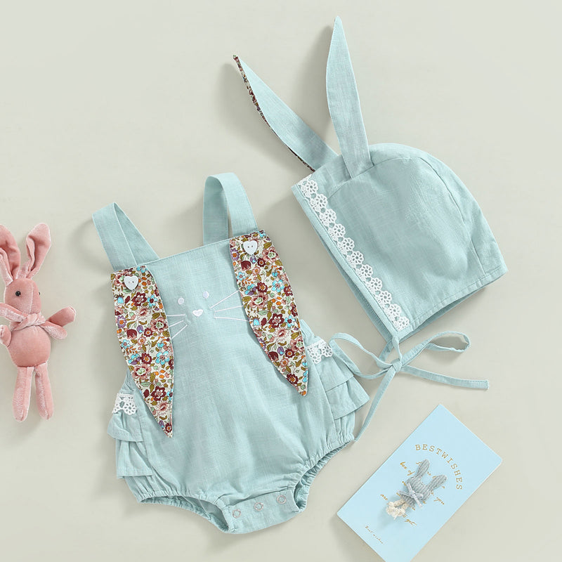 Easter Days Baby Girls Boys Romper 2pcs Cartoon Rabbit Floral Printed Sleeveless Bunny Ear Jumpsuit