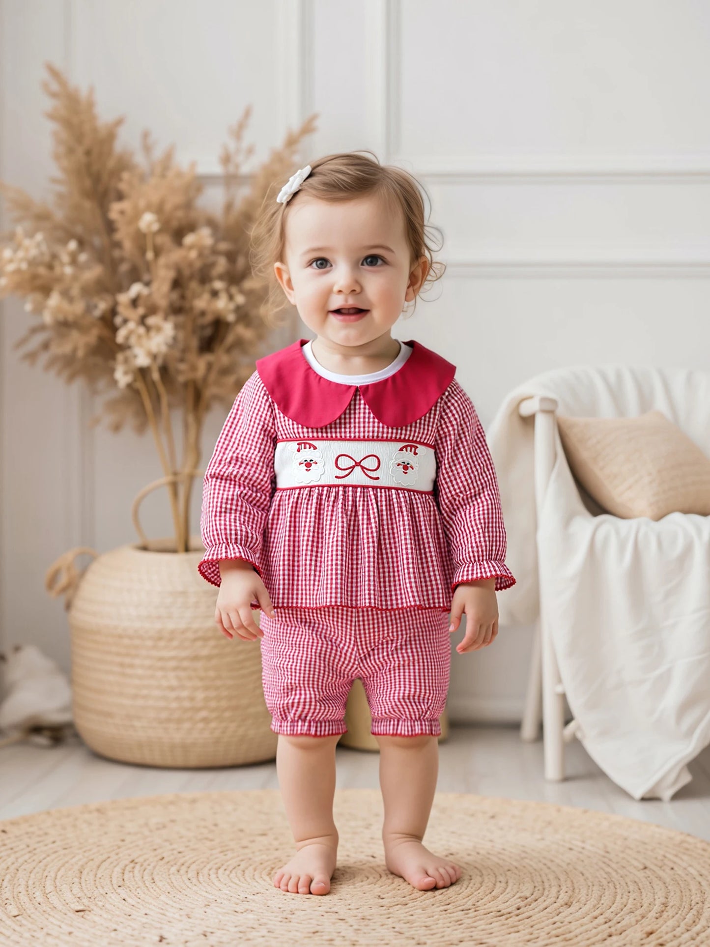 Baby Girls' Christmas Outfit Set - Long Sleeve Plaid Top & Lantern Shorts 2 Piece