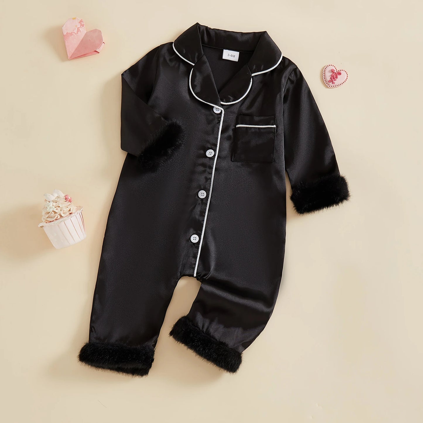 Baby Satin Pajama Romper - Fur Trim Button Down with Lapel