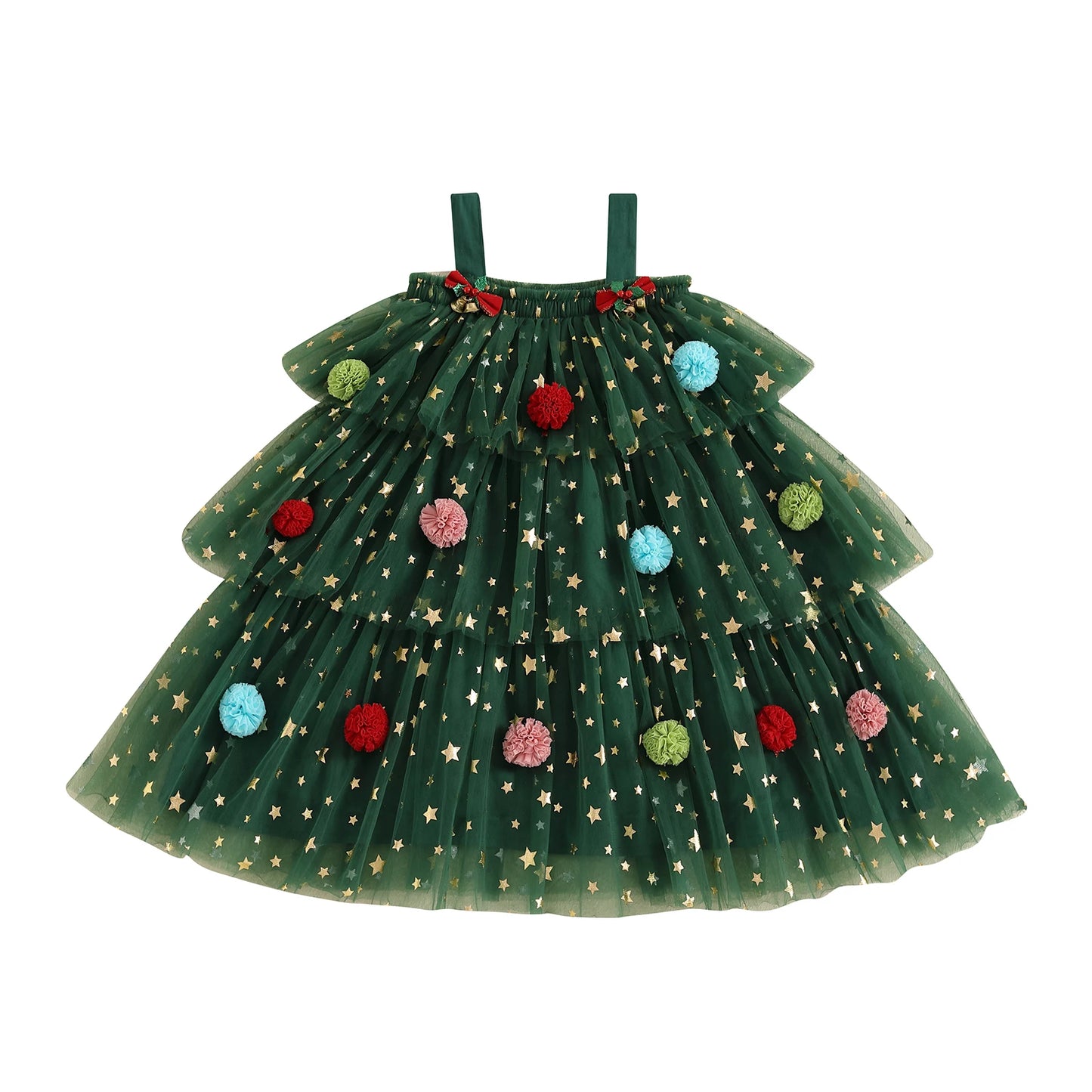 Girl's Festive Dress - Star Lace Layered Tulle Sundress with Plush Ball