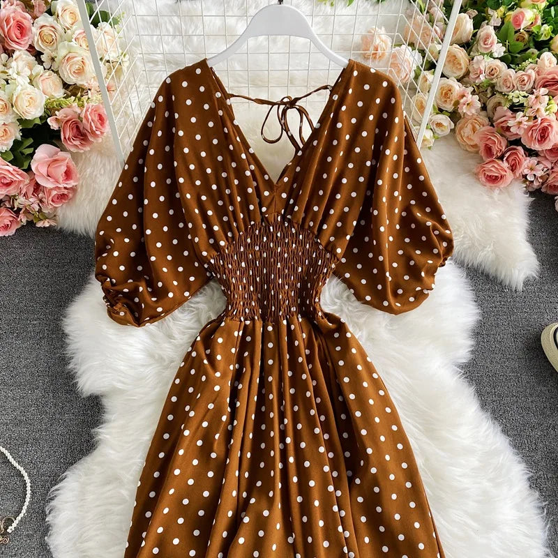 Women's V-Neck Polka Dot Jumpsuit - Wide Leg Trousers with Dolman Sleeves