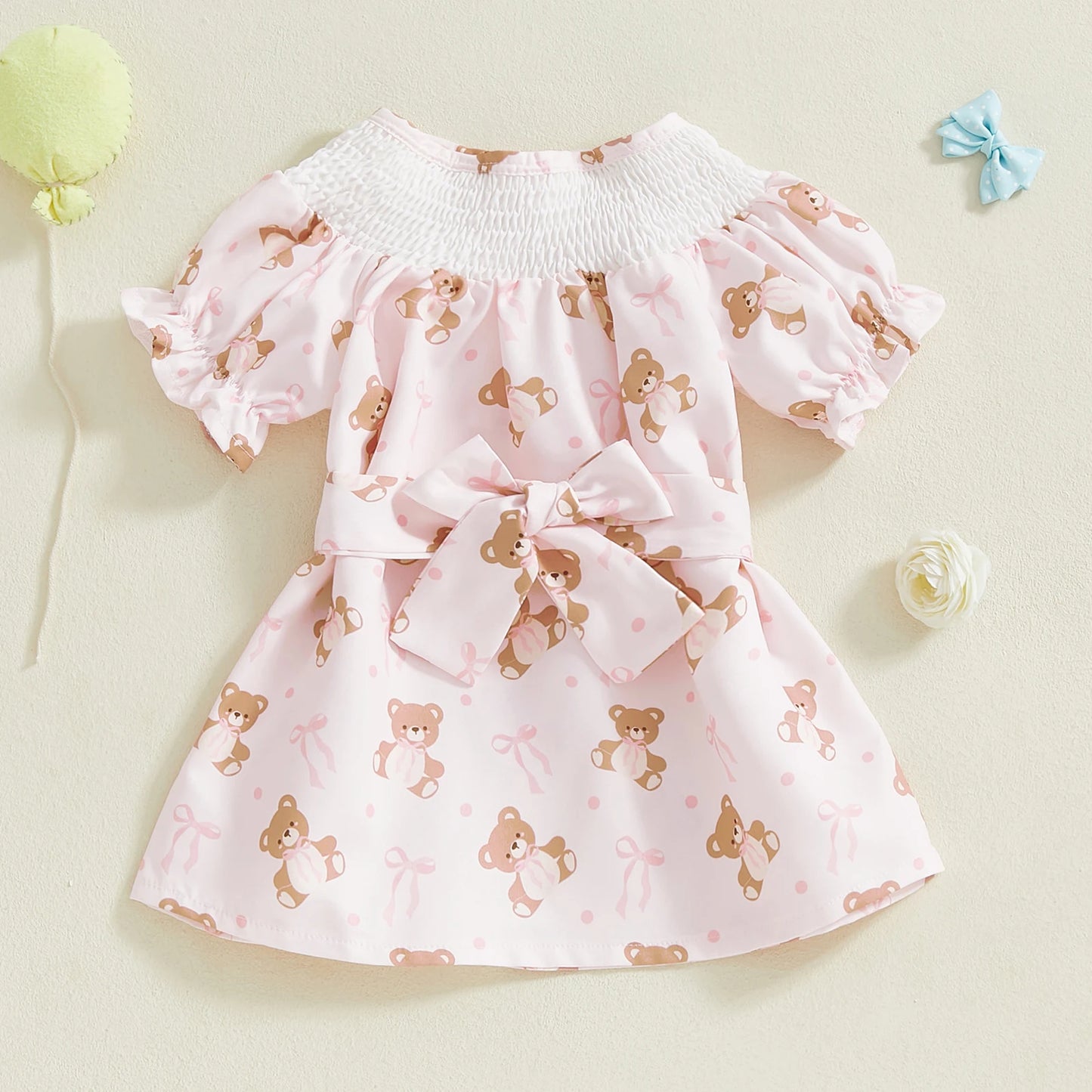 Baby Girls Summer Dress Set - Puff Sleeve Heart & Bow Embroidery with Headband