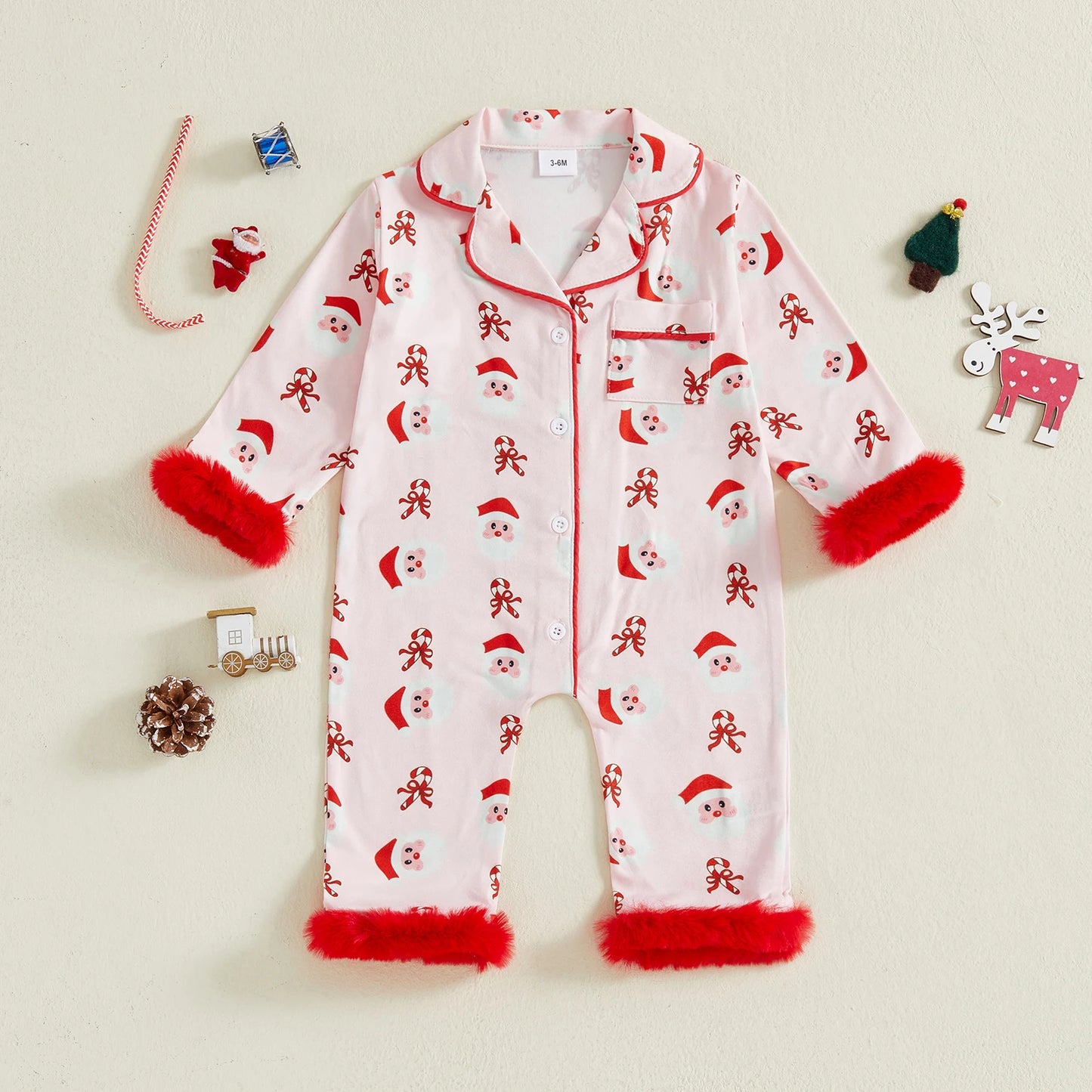 Lovely Baby Girls Christmas Pajama Jumpsuit - Santa Claus & Candy Cane Print (0-24M)