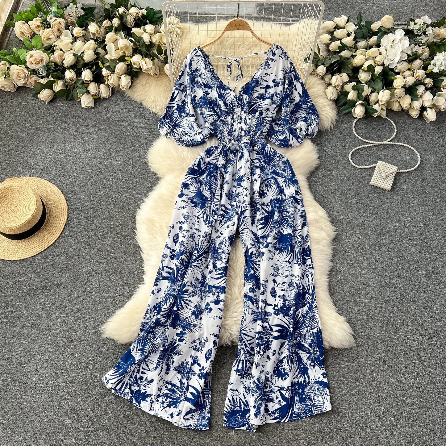 Women's V-Neck Polka Dot Jumpsuit - Wide Leg Trousers with Dolman Sleeves