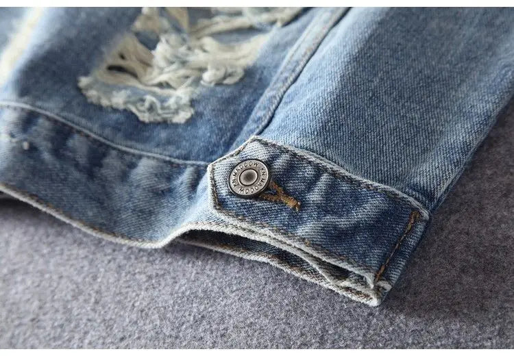 Men's Embroidered Denim Jacket - Retro Ripped Street Style