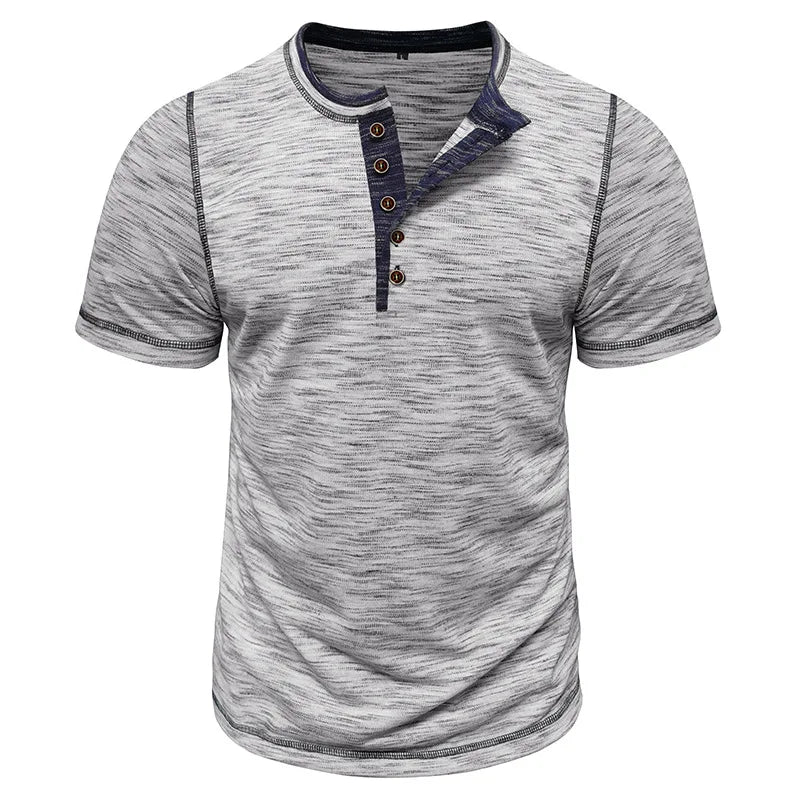 Men's Summer Henry Collar Patchwork Short Sleeve Casual Breathable Pullover T-Shirt