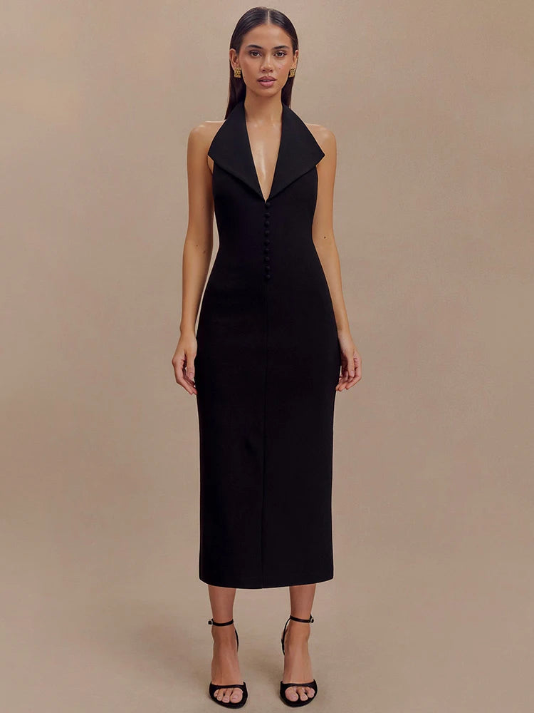 Women's Halter Deep V Neck Sleeveless Maxi Elegant Backless Bodycon Tank Long Dress